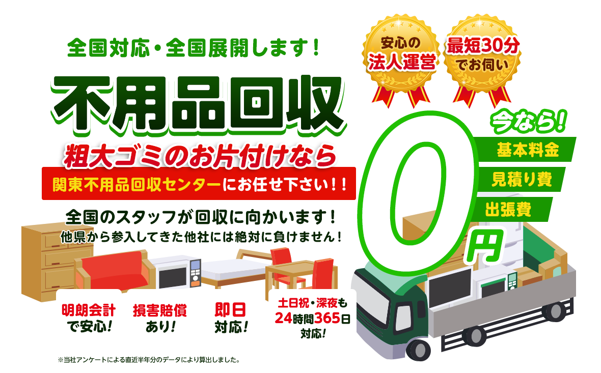 大阪・京都・奈良・兵庫のお客様 不用品回収 粗大ゴミのお片付けなら関東不用品回収センターにお任せ下さい！！関西人チームが回収に向かいます！他県から参入してきた他社には絶対に負けません！今なら基本料金・見積り費・出張費0円 安心の法人運営 最短30分でお伺い 明朗会計で安心!損害賠償あり!即日対応!土日祝・深夜も24時間365日対応!僕たちにおまかせください！