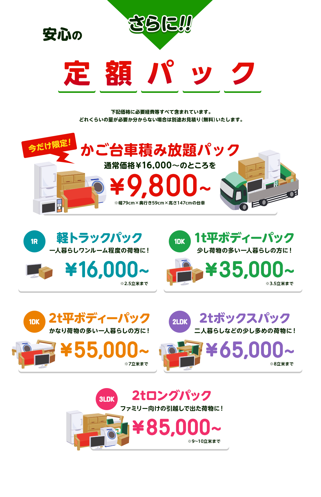 さらに!!安心の定額パック 全てコミコミ 基本料金+特急料金+車両代+出張代+買収+作業代+処分費 下記価格に必要経費等すべて含まれています。どれくらいの量が必要か分からない場合は別途お見積り（無料）いたします。今だけ限定! かご台車積み放題パック 通常価格￥16,000～のところを￥9,800～※幅79cm×奥行き59cm×高さ147cmの台車 軽トラックパック 一人暮らしワンルーム程度の荷物に！￥16,000～※2.5立米まで 1t平ボディーパック 少し荷物の多い一人暮らしの方に！ ￥35,000～ 2t平ボディーパック かなり荷物の多い一人暮らしの方に！ ￥45,000～ 2tボックスパック 二人暮らしなどの少し多めの荷物に！ ￥65,000～ 2tロングパック ファミリー向けの引越しで出た荷物に！ ￥85,000～